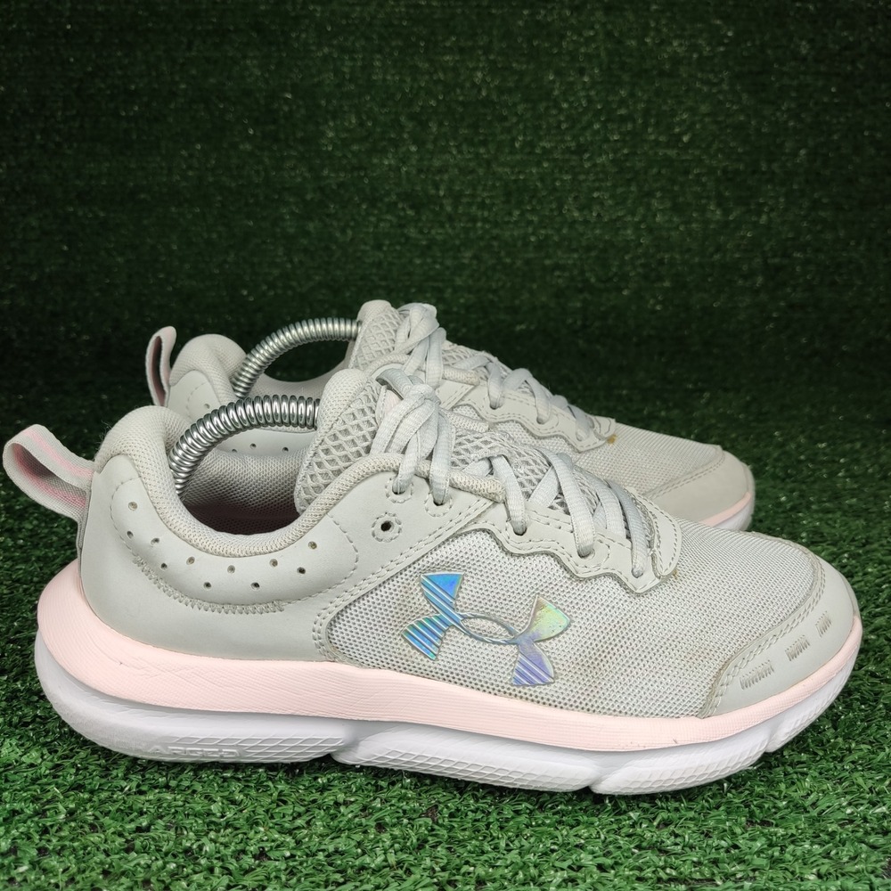 Under Armour Running Shoes Women 5.5 Grey Pink Charged Assert 10 Iridescent Logo